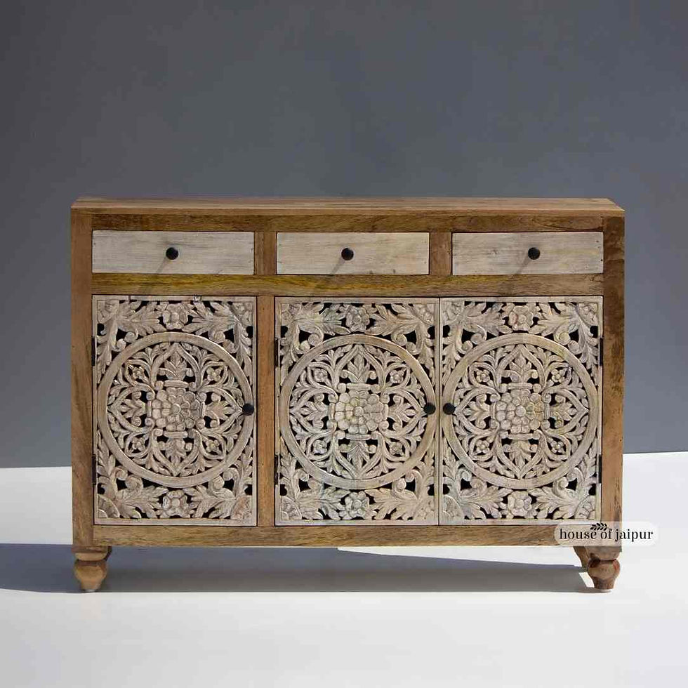 Jaipur mango wood buffet with floral mandala design, featuring three drawers and three carved-door cabinets, rustic natural f