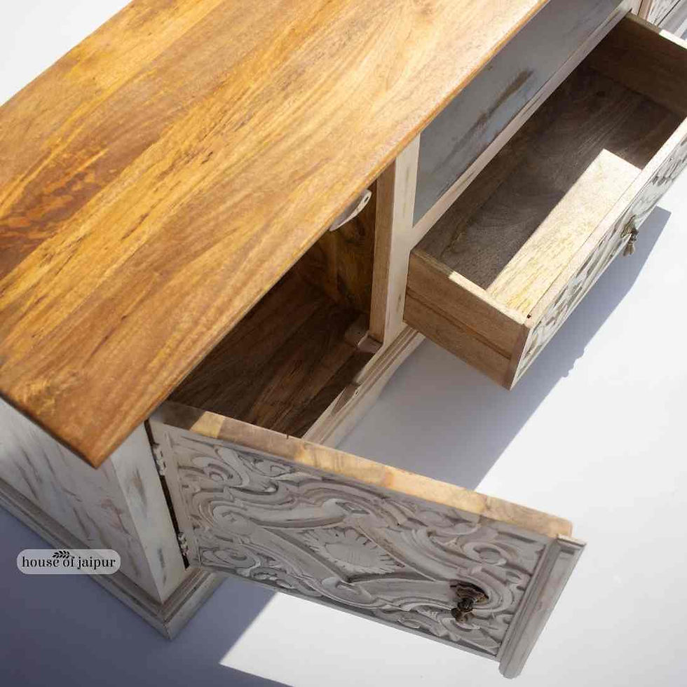 Thumbnail: jaipur Hand-carved distressed white wooden media console with natural wood top, two cabinets, center drawer, and open shelf