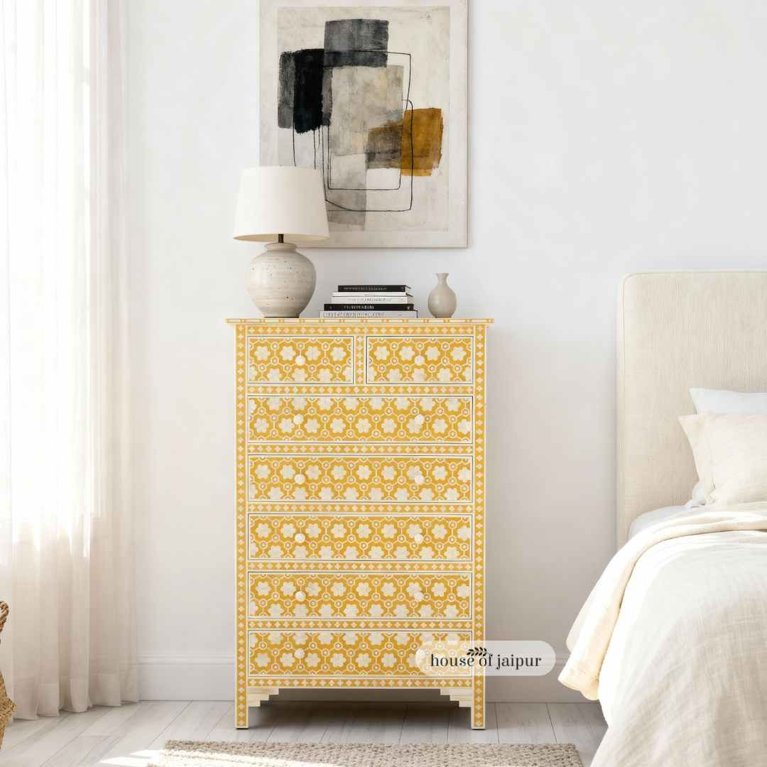 honeycomb floral bone inlay jaipur tallboy dresser in yellow finish, tallest artisan chest named Jaipur Kaitlin Dresser