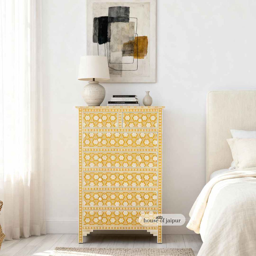 honeycomb floral bone inlay jaipur tallboy dresser in yellow finish, tallest artisan chest named Jaipur Kaitlin Dresser
