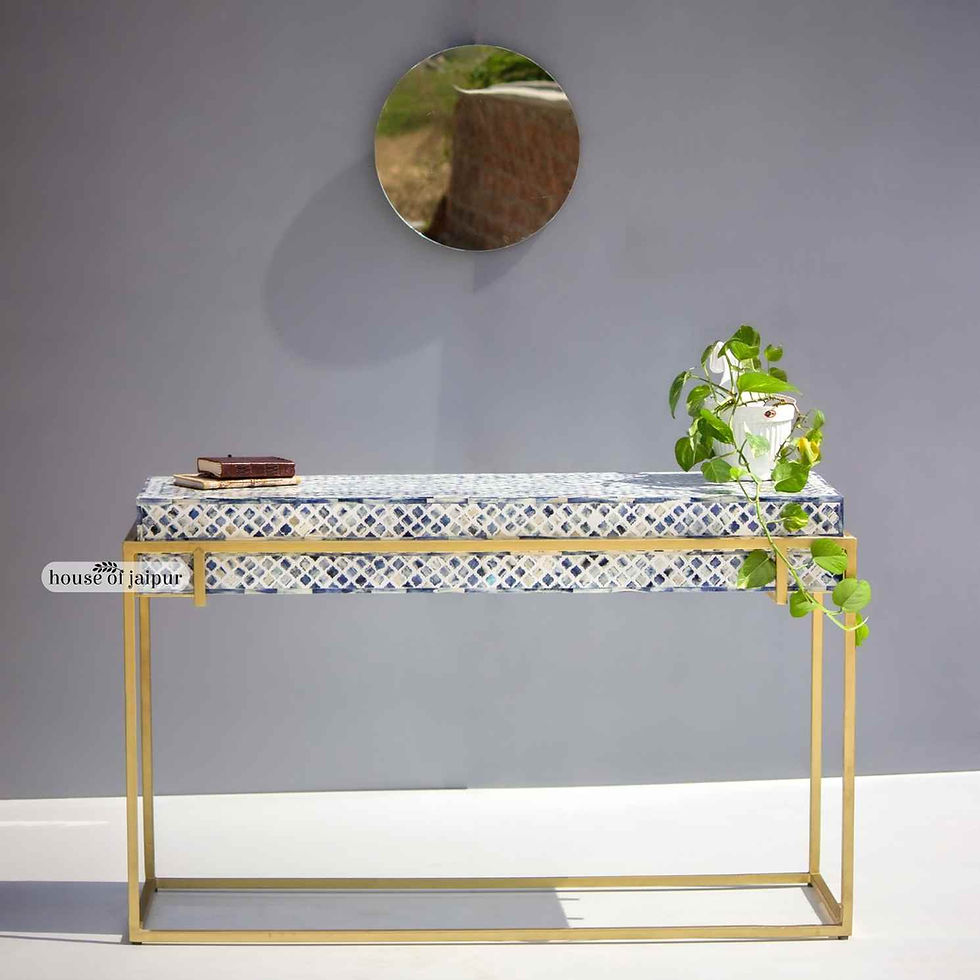 Blue diamond-pattern bone inlay console table with brass metal base, handcrafted by House of Jaipur.
