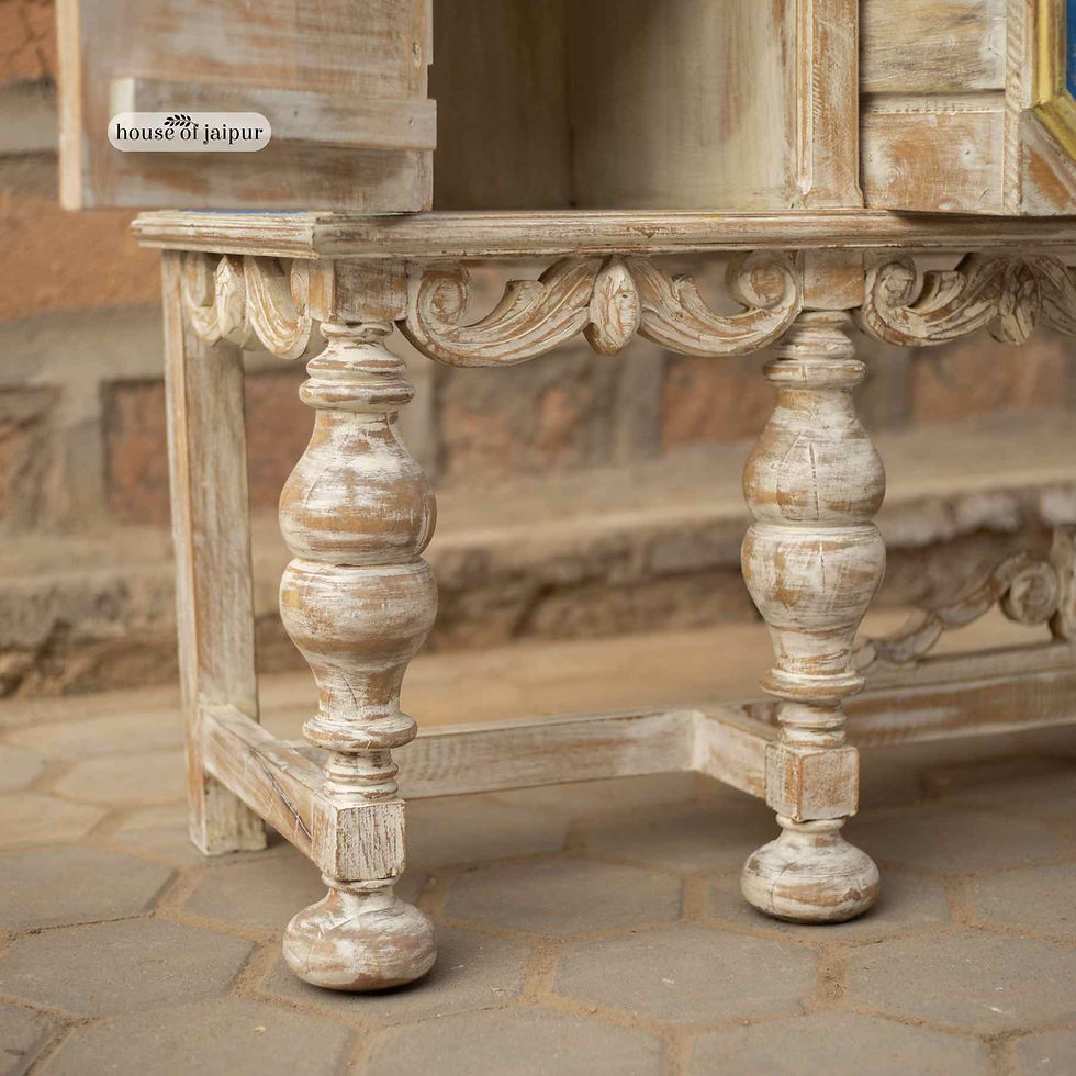 תמונה ממוזערת: Handcrafted solid wood console table with distressed blue panels, carved apron detailing and turned legs