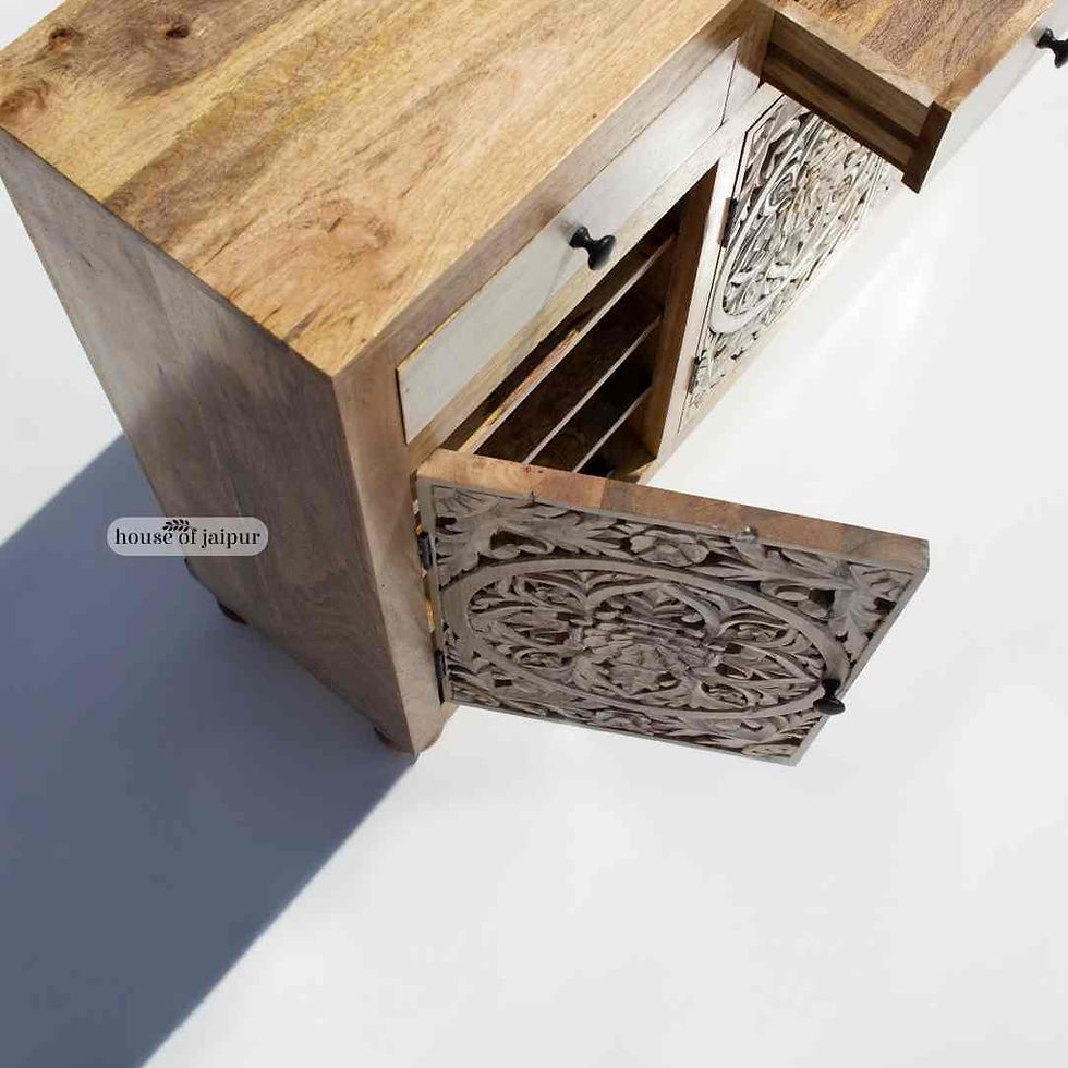 Jaipur mango wood buffet with floral mandala design, featuring three drawers and three carved-door cabinets, rustic natural f