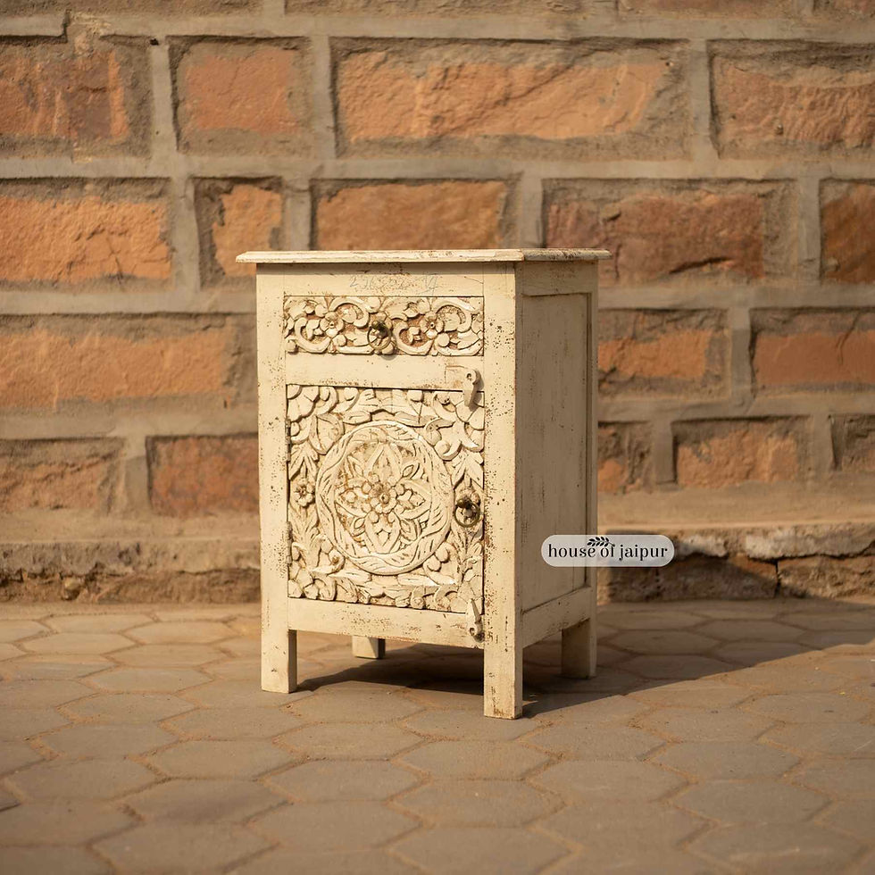 Thumbnail: Hand-carved rustic white distressed wood side table with floral motifs and compact cabinet design.