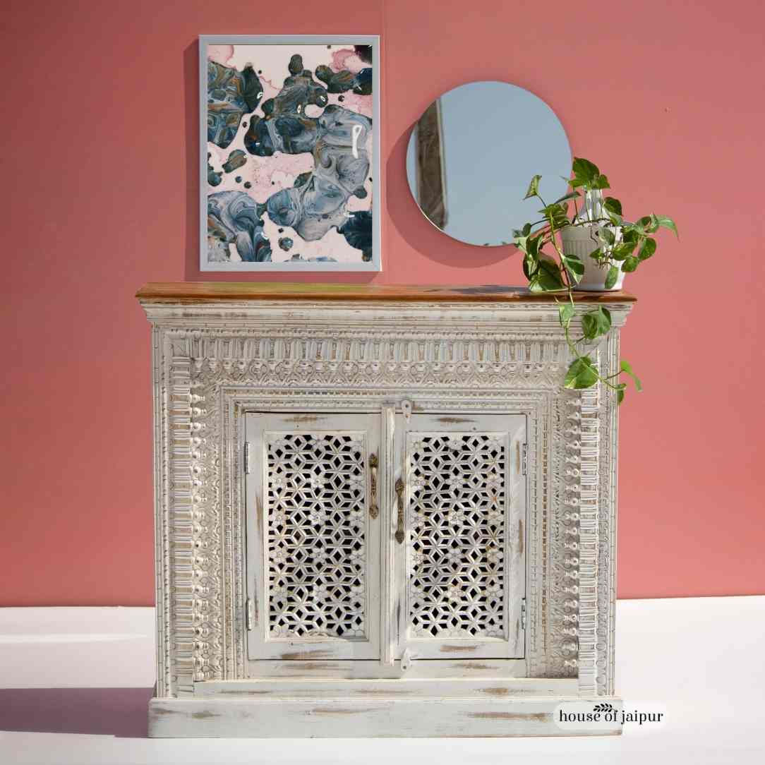 Jaipur Hand-carved distressed white wooden cabinet with lattice jali doors, natural wood top, two-door storage accent cabinet