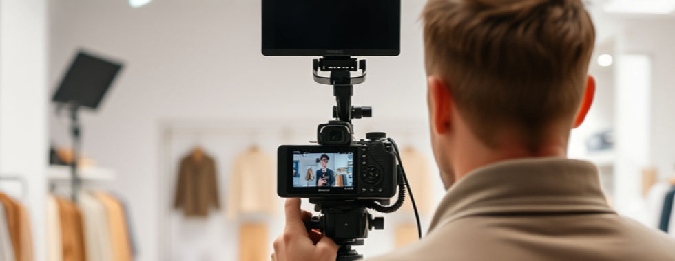a neuttrally toned image of someone behind a video camera shooting in a studio live shoppi