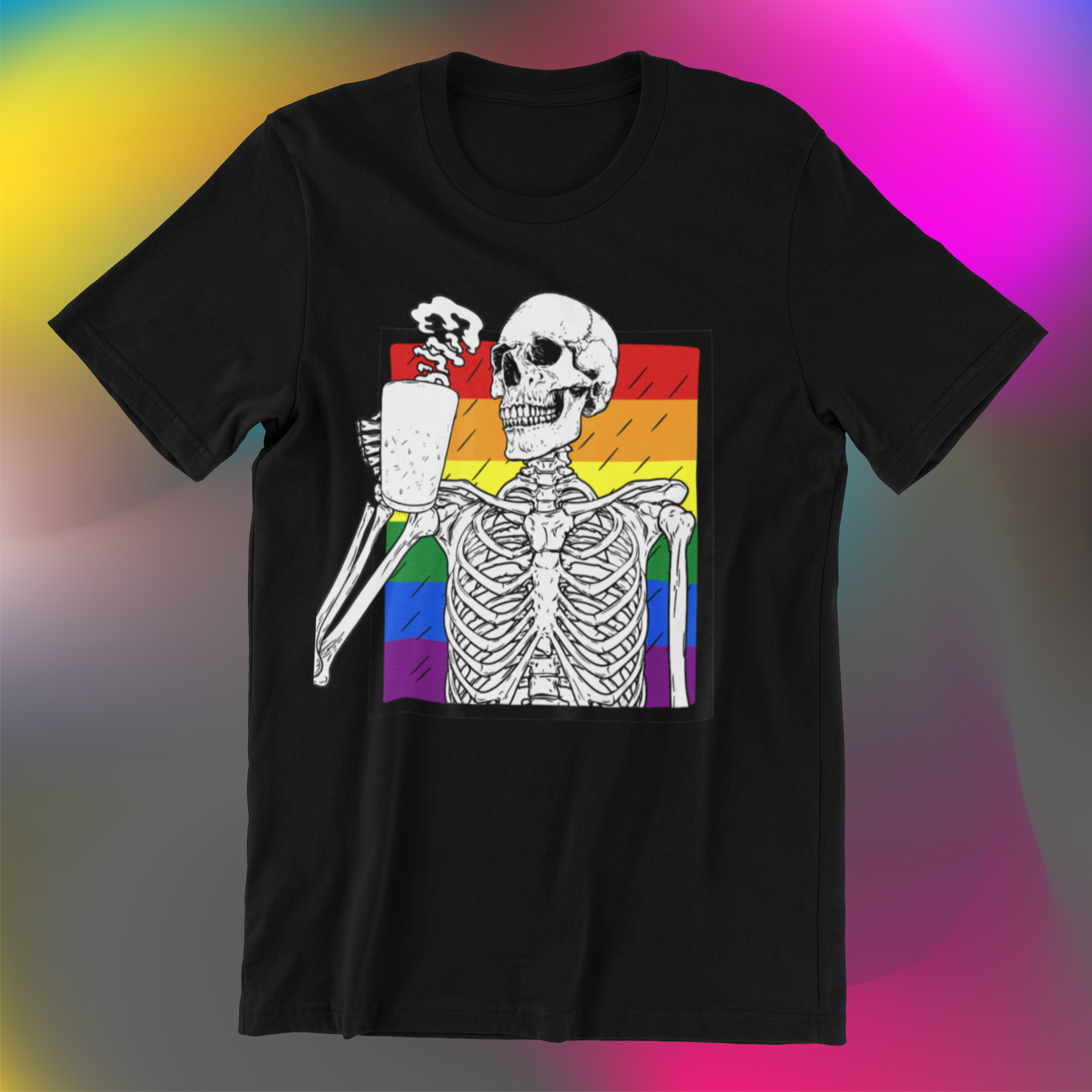 Skeleton enjoying coffee, rainbow background, The Pride Shop