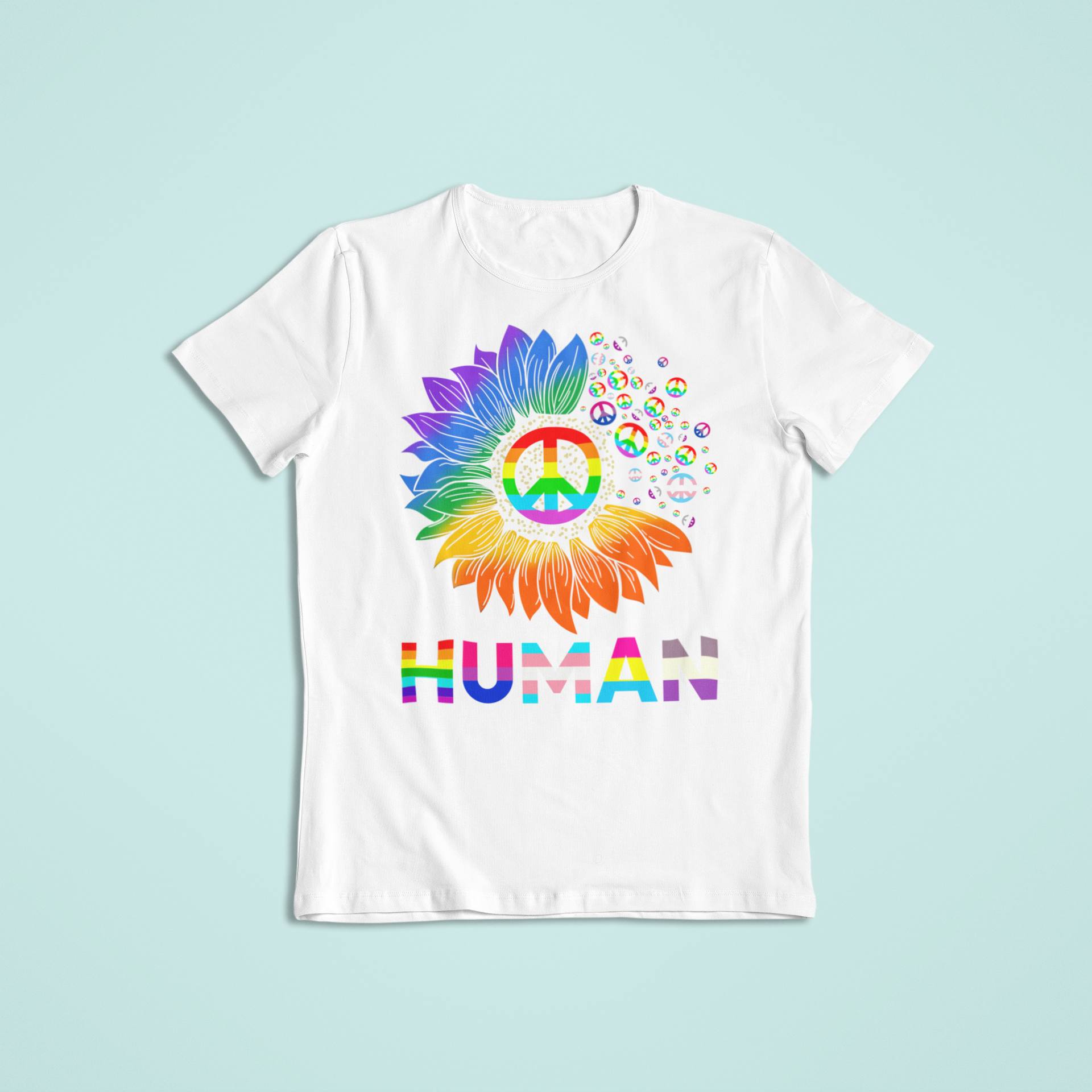 Rainbow peace symbol sunflower HUMAN t-shirt