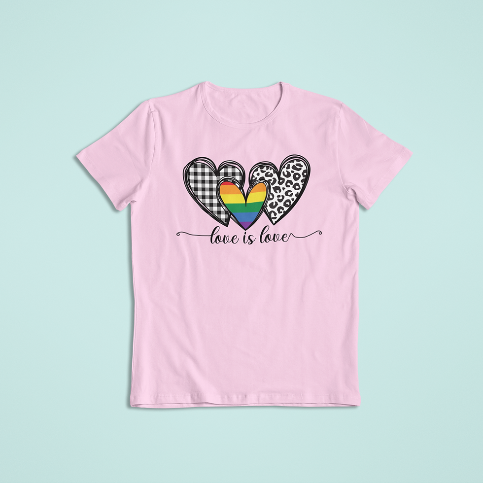 Pink T-shirt with three hearts: Love is Love