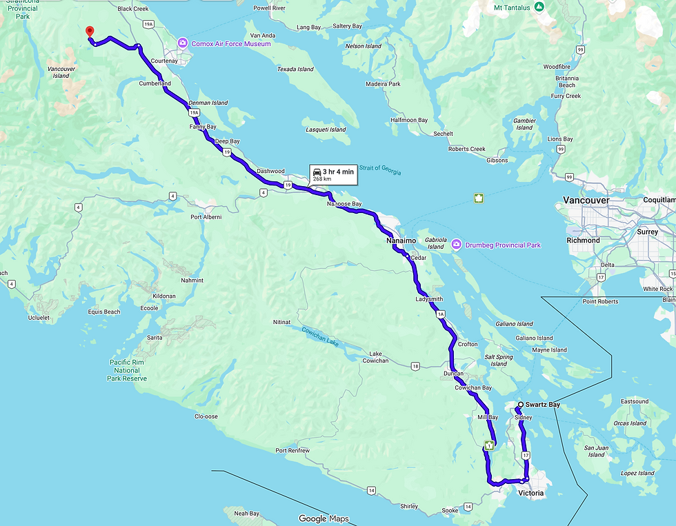 Driving directions as of late evening traffic from the Swartz Bay ferry terminal to Raven Lodge, the official trailhead at Mt Washington Ski Resort.