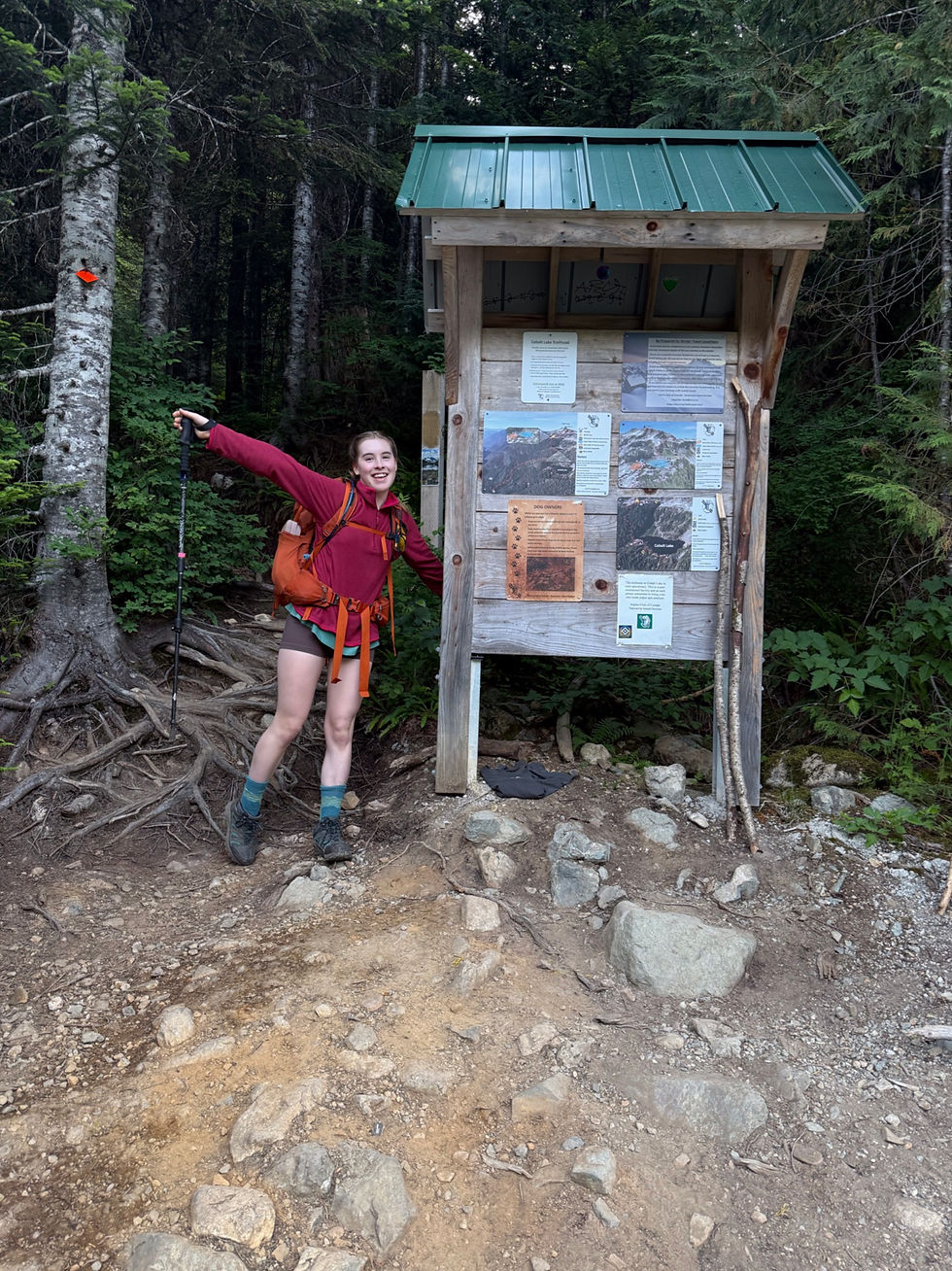 Smiling hiker with trekking pole poses beside a trail information board in a dense forest.