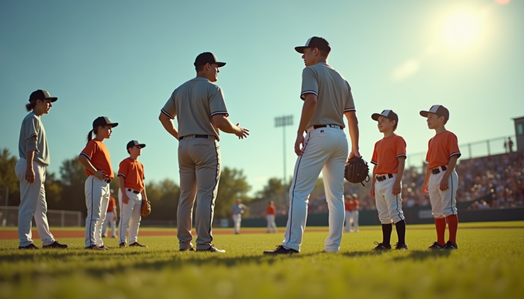 Eye-level view of a baseball coach giving instructions to young players on a sunny field