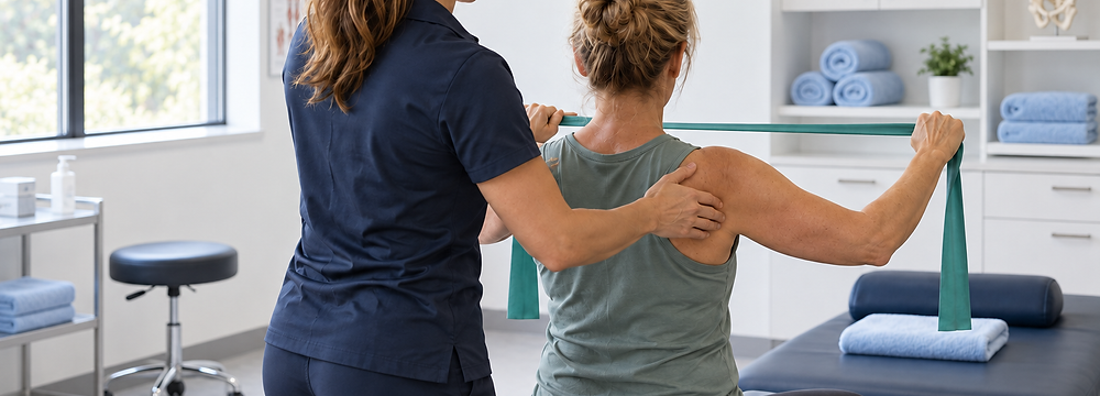 Physical therapist guiding a patient through a resistance-band exercise during an office follow-up visit.