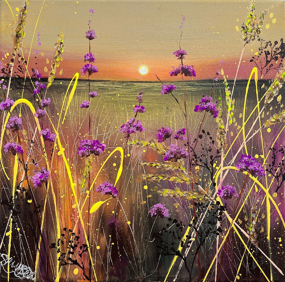 A sunset landscape painting with colourful meadow