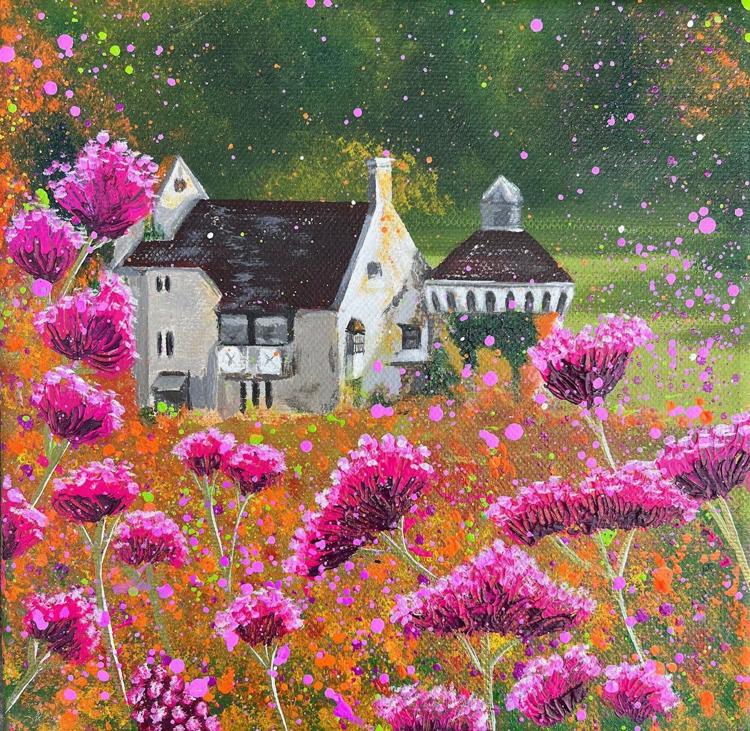 Pretty floral castle painting of grey Scotney castle and pink flowers
