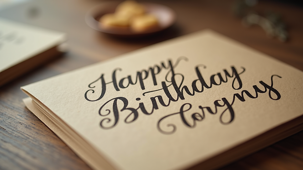 Close-up view of a handmade birthday card with textured paper and hand lettering