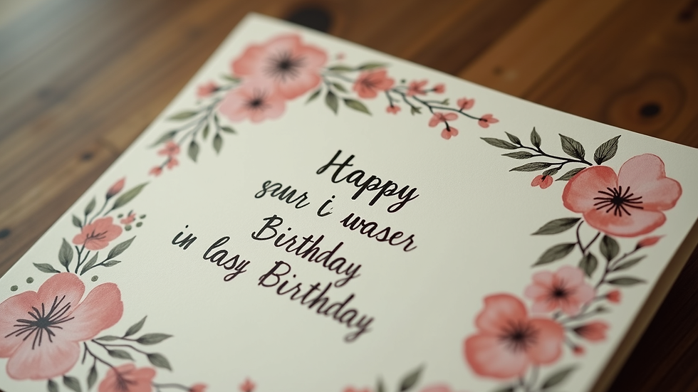 Eye-level view of a personalised birthday card with a handwritten message and floral decoration