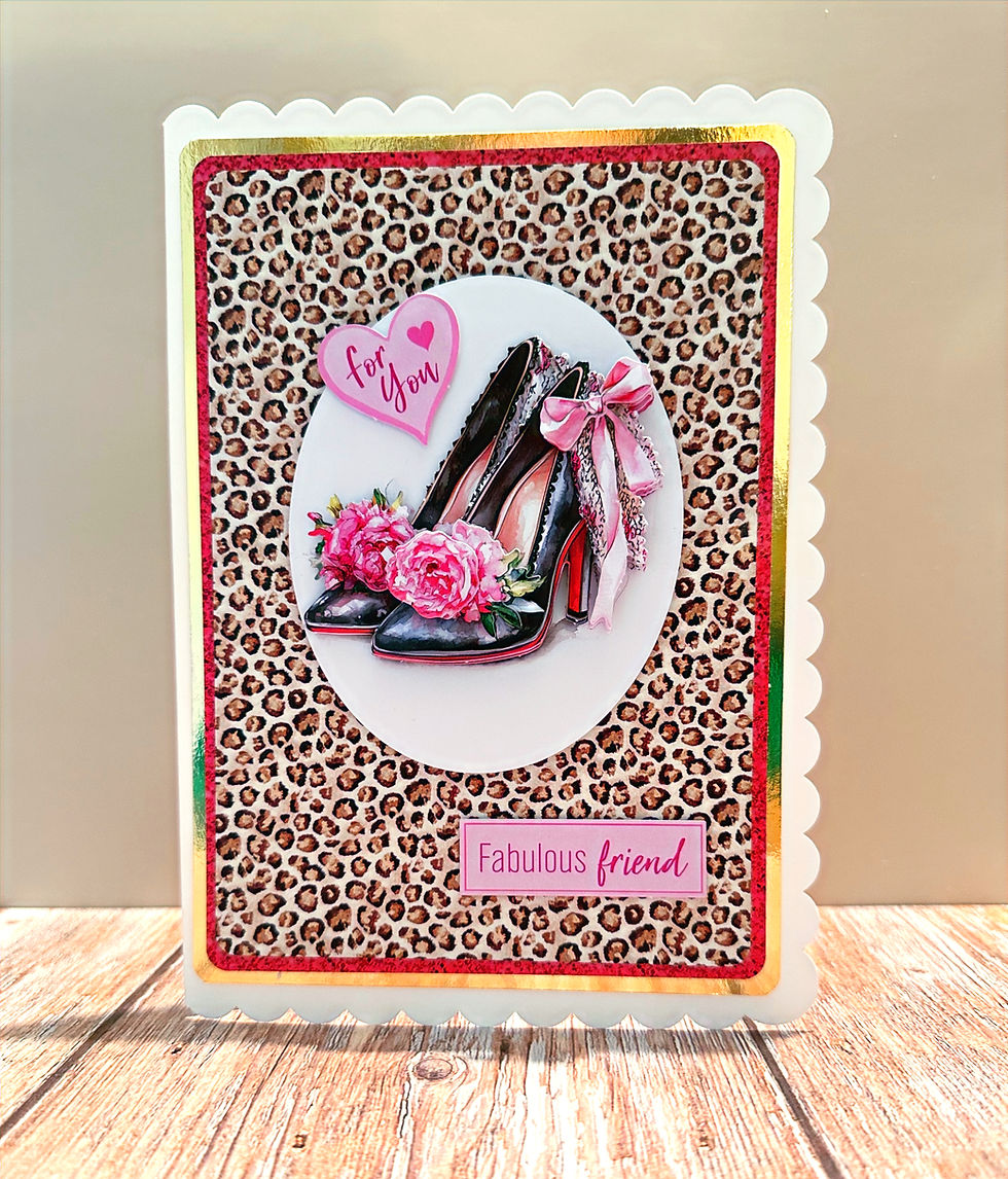 Handmade card with leopard print and high heels.