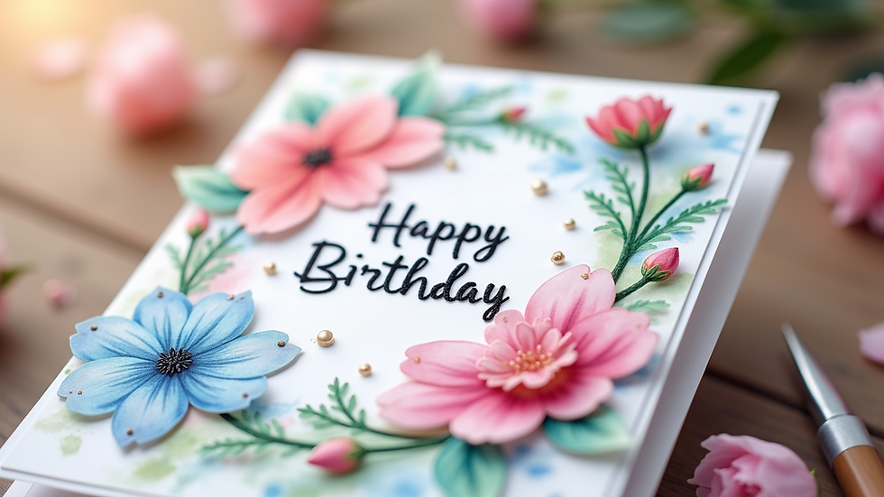 Close-up view of a handcrafted birthday card with pastel watercolour flowers