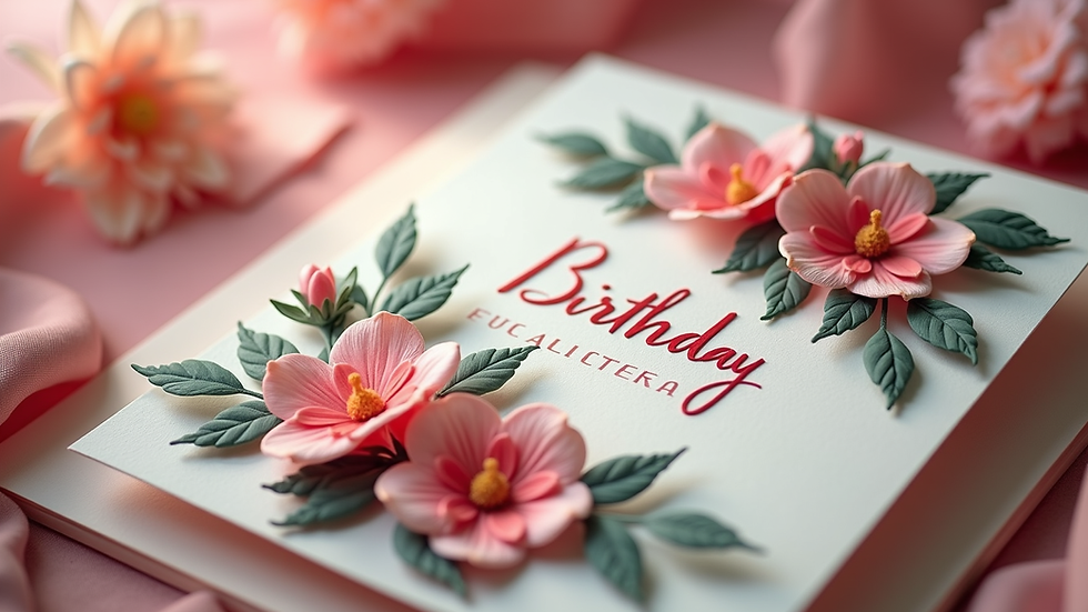 Close-up view of a luxury handmade birthday card with floral embellishments