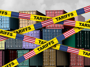 Cargo behind yellow tariff and American flag tape