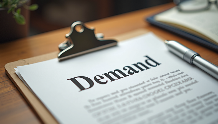 Eye-level view of a typed demand letter on a wooden desk with a pen beside it