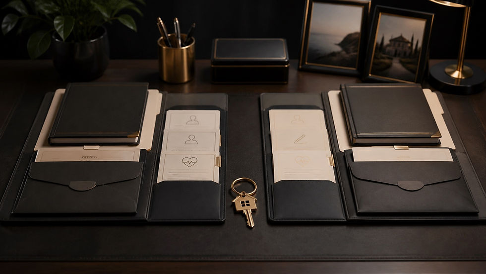 Black-and-gold estate-planning documents and beneficiary forms arranged for review after a California divorce.
