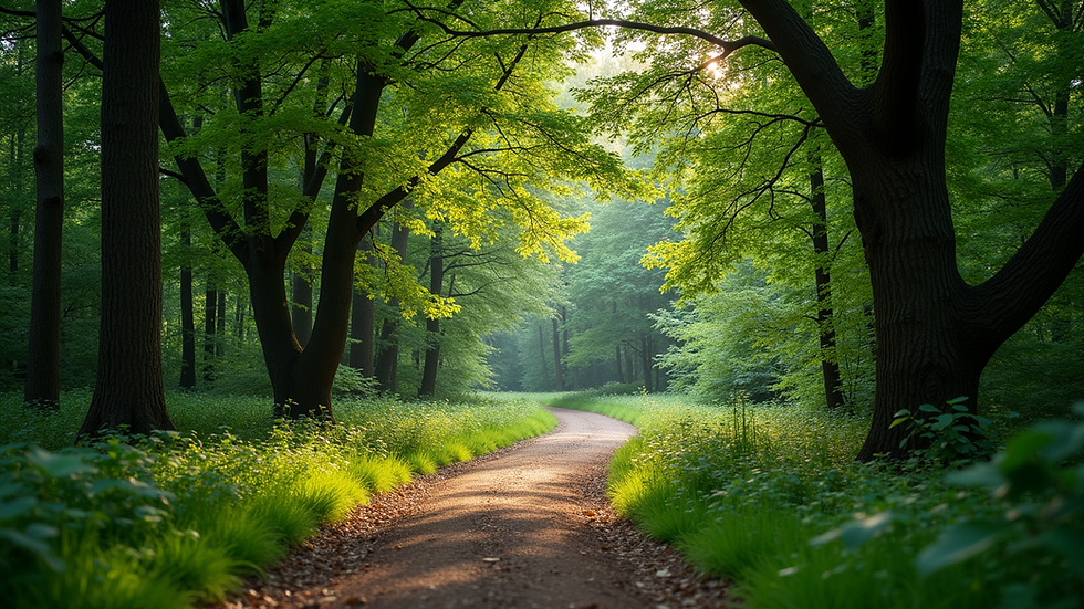 Wide angle view of a serene forest path