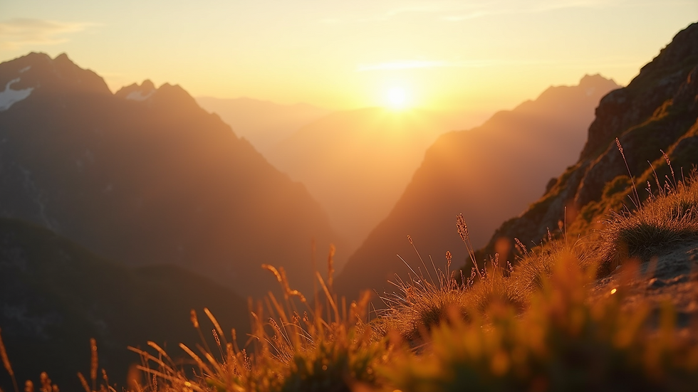 Eye-level view of a mountainscape bathed in golden sunlight