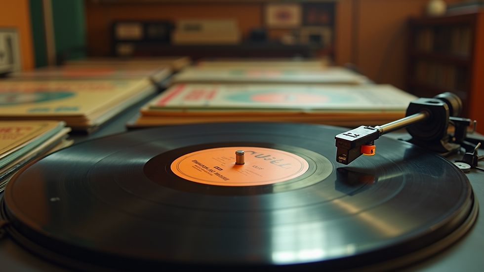 Eye-level view of a vintage reggae vinyl collection