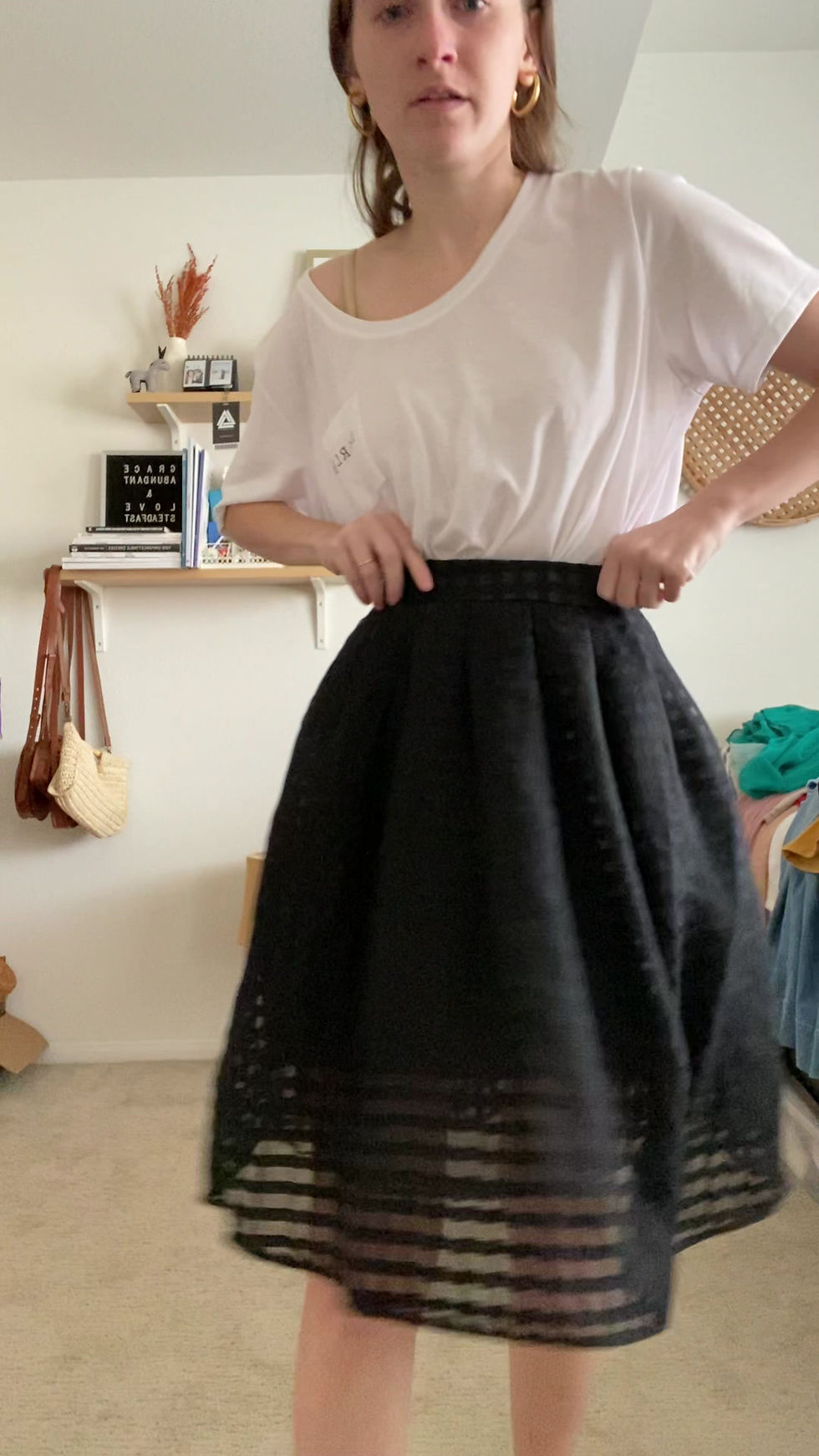Thumbnail: F21 Gingham Organza-esque black skirt