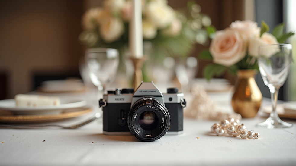 Vue en plongée d’un appareil photo posé sur une table de mariage avec des accessoires