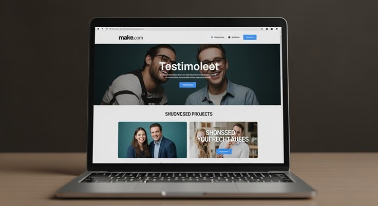 Laptop screen showing a website with a smiling duo as the banner image. Visible text includes "Testimoleet" and "SHOUNCSED PROJECTS."