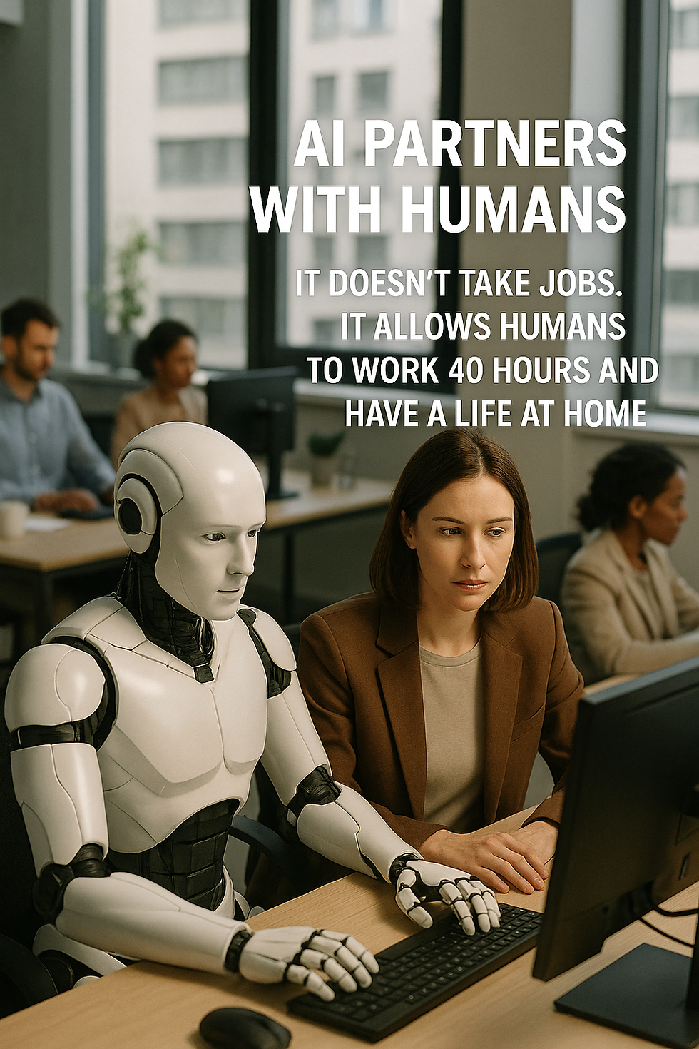 Robot and woman work together at a computer in an office. Text: "AI partners with humans. It doesn't take jobs..." Modern, collaborative setting.