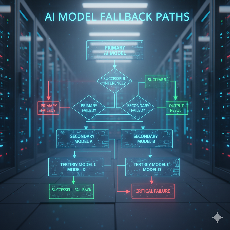 Flowchart illustrates AI model fallback paths with neon text in a data center. Highlights include primary failures, successful fallbacks, and critical failures.