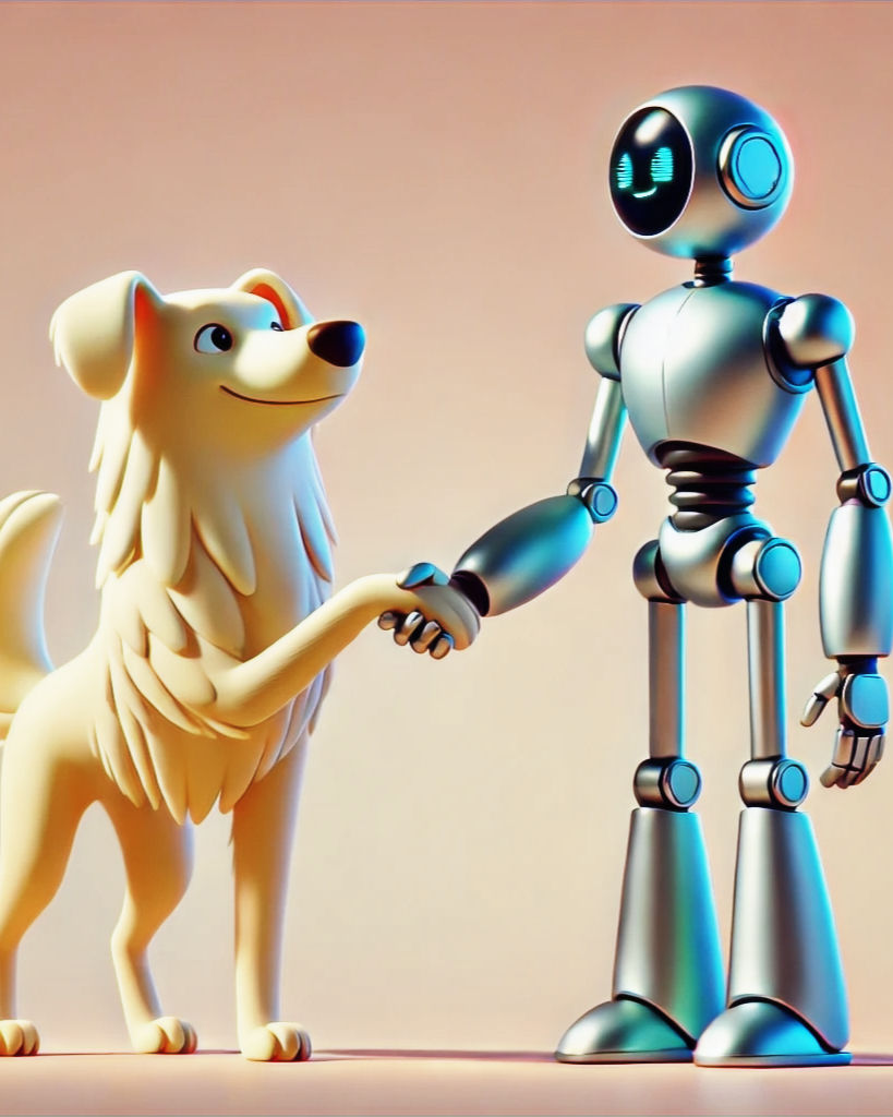 A friendly robot and a cartoon dog shake hands against a soft beige background. The robot smiles with glowing eyes, creating a warm mood.