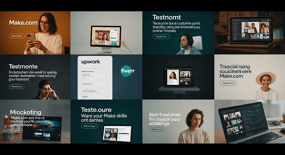 A collage showing people using laptops and screens, featuring "Make.com," "Testmonte," and more. Includes joyful and focused expressions.
