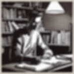 A person writing in a notebook at a desk under a lamp, surrounded by bookshelves. Black and white tones create a focused mood.