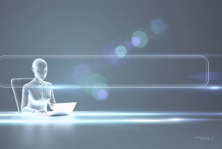 Futuristic scene with a digital humanoid figure on a laptop, set against a sleek, glowing backdrop with holographic elements and blue hues.