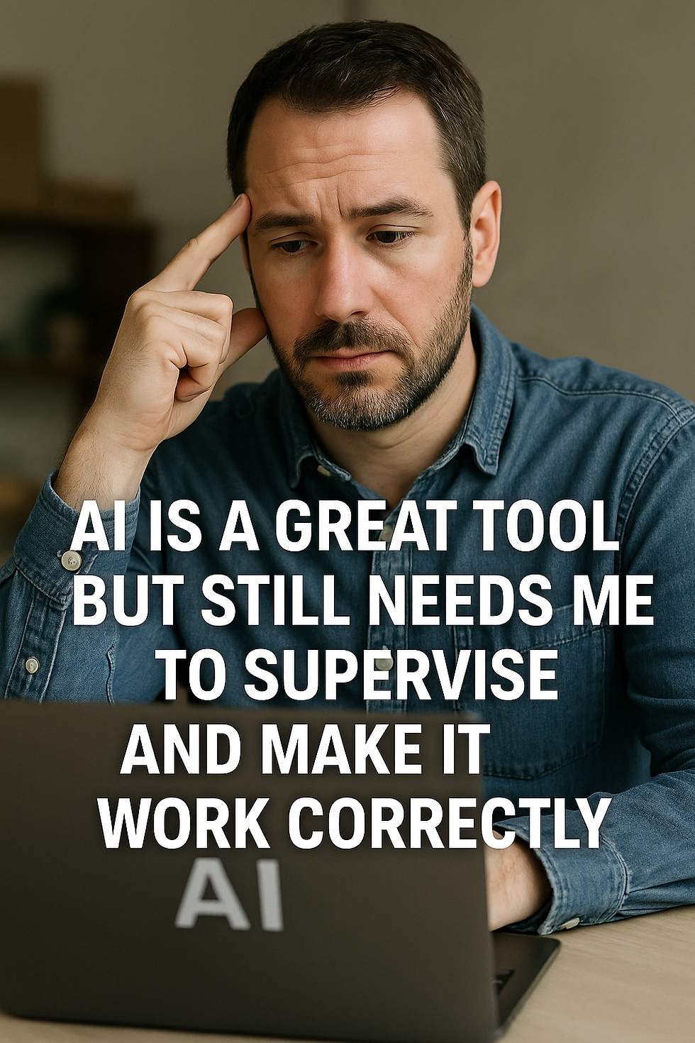 Man in denim shirt looks thoughtful, sitting at a desk with a laptop labeled "AI." Text on image discusses AI needing supervision.