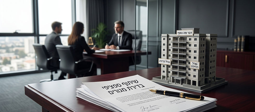 תצלום מכובד של משרד עורכי דין לענייני משפחה בחיפה ובו דגם בית מגורים קטן על שולחן עץ כהה לצד מסמך משפטי פתוח ובו הכיתוב בעברית "שיתוף ספציפי בדירת מגורים".