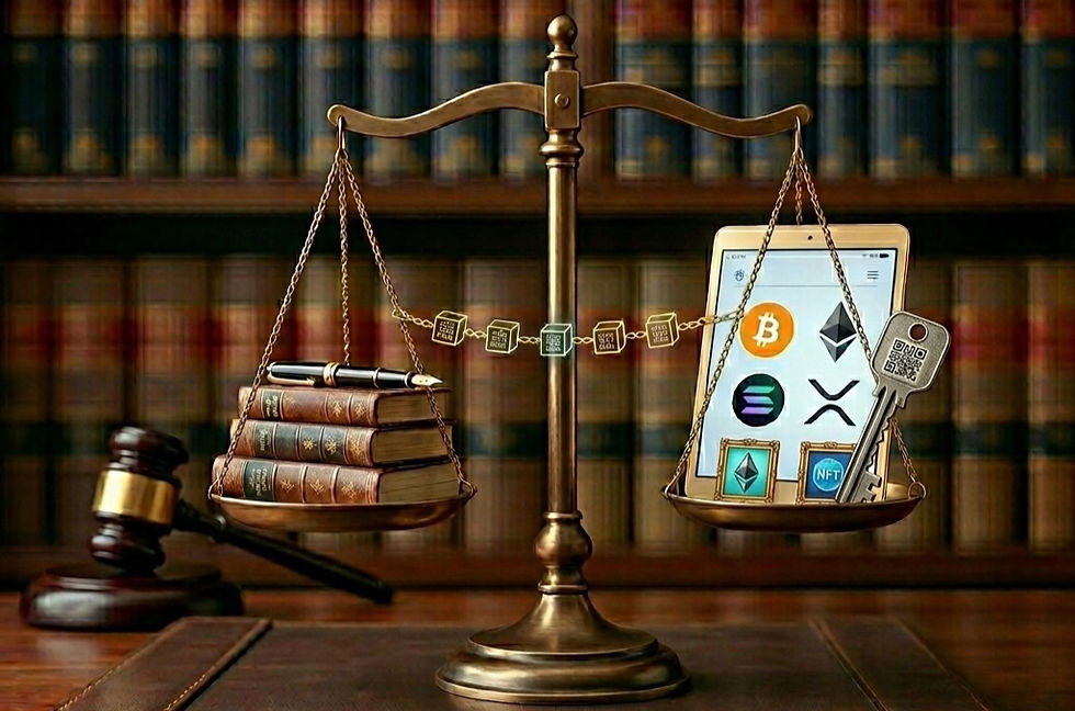 אינפוגרפיקה משפטית מקצועית של מאזני צדק המאזנים בין ספרי חוק מסורתיים לבין טאבלט המציג נכסי קריפטו (ביטקוין, אתריום, NFT), עם כותרת: "נכסי קריפטו בגירושין וירושה".