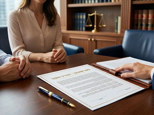 משרד עורכי דין יוקרתי ומכובד. שולחן כתיבה כהה עם מסמכים משפטיים חתומים בעט נובע. ברקע ספריית ספרי משפט מטושטשת ודגלי ישראל. צבעי כחול כהה, זהב ולבן שולטים.