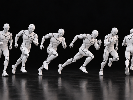 Six white 3D humanoid characters showing running poses