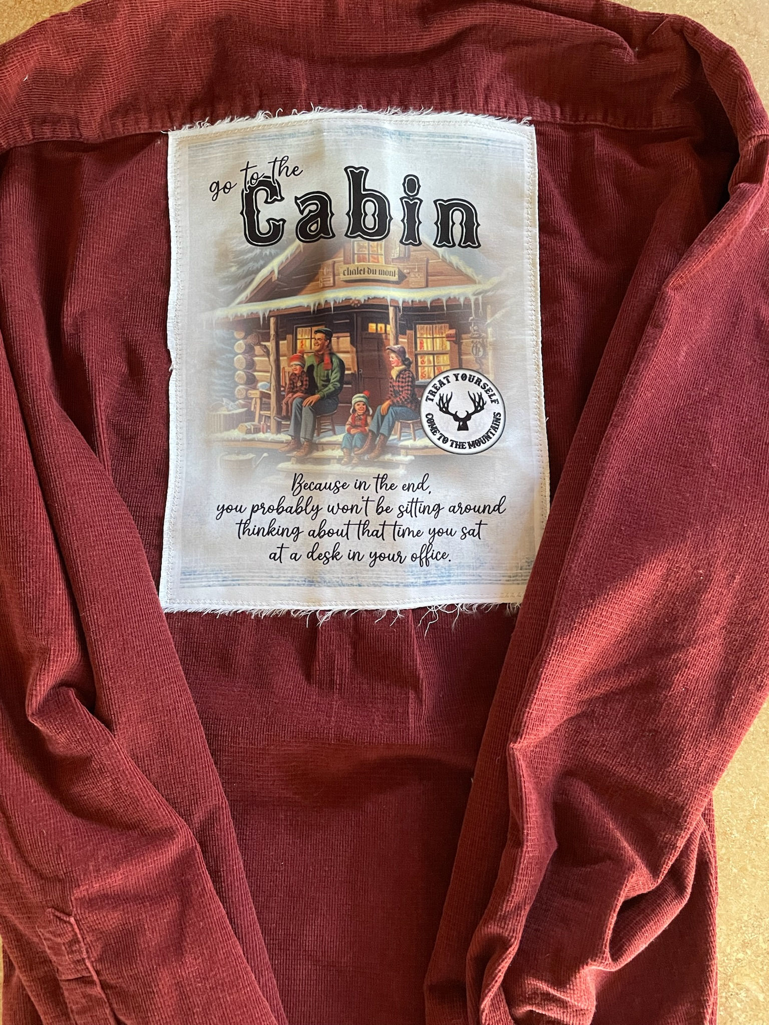 SOLD Graphic Corduroy, Upcycled - Go To The Cabin (XL