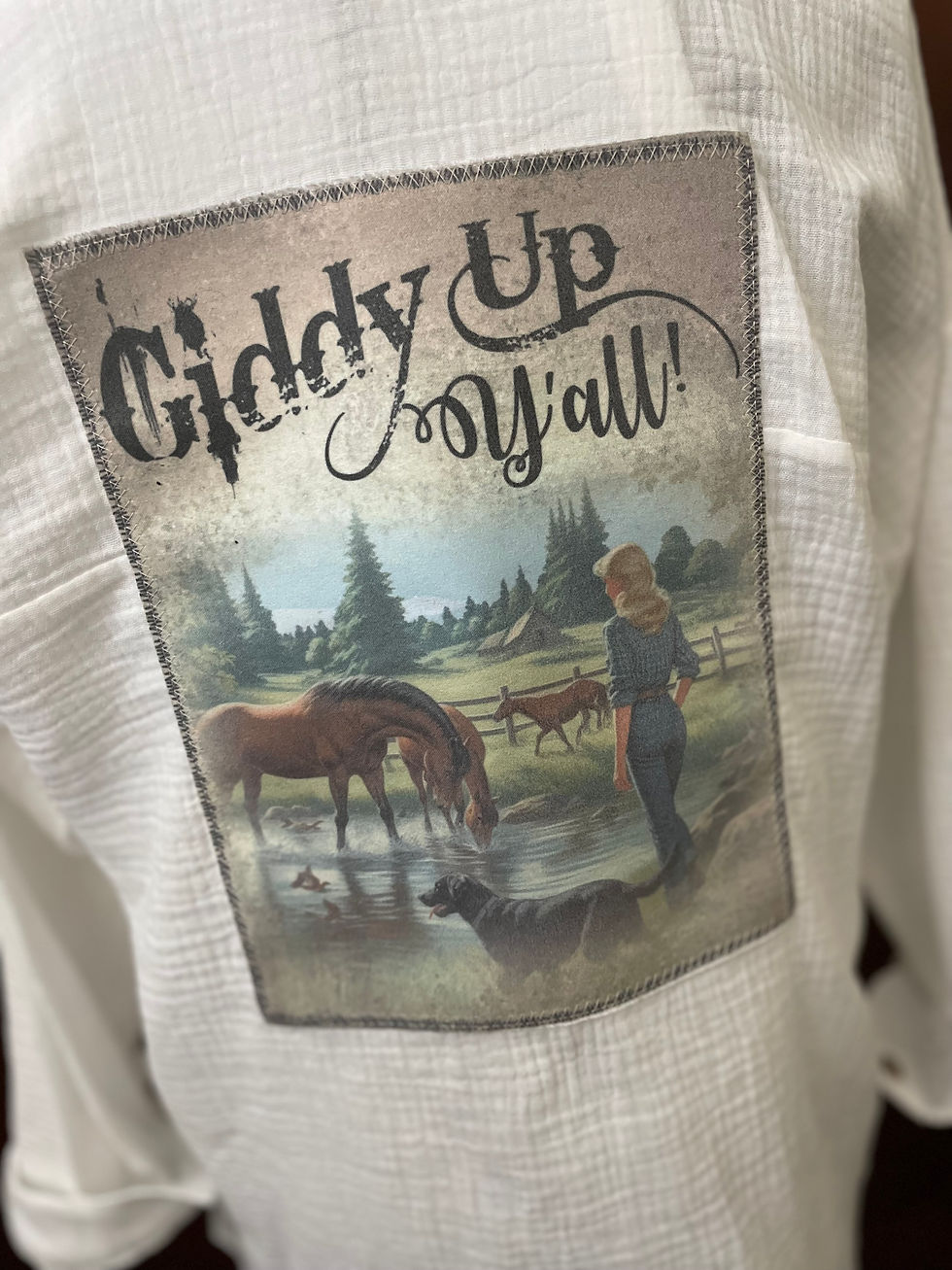 Thumbnail: In Store Only *  NEW Graphic Textured Blouse/Button Down - Giddy Up Y’all (M)