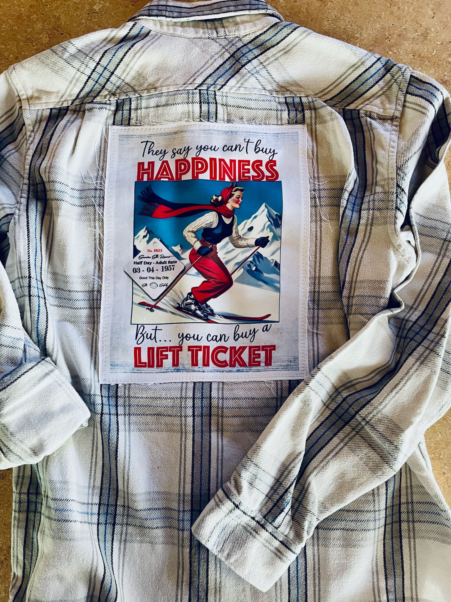 SOLD Graphic Flannel, Upcycled - Lift Ticket Happiness (L)