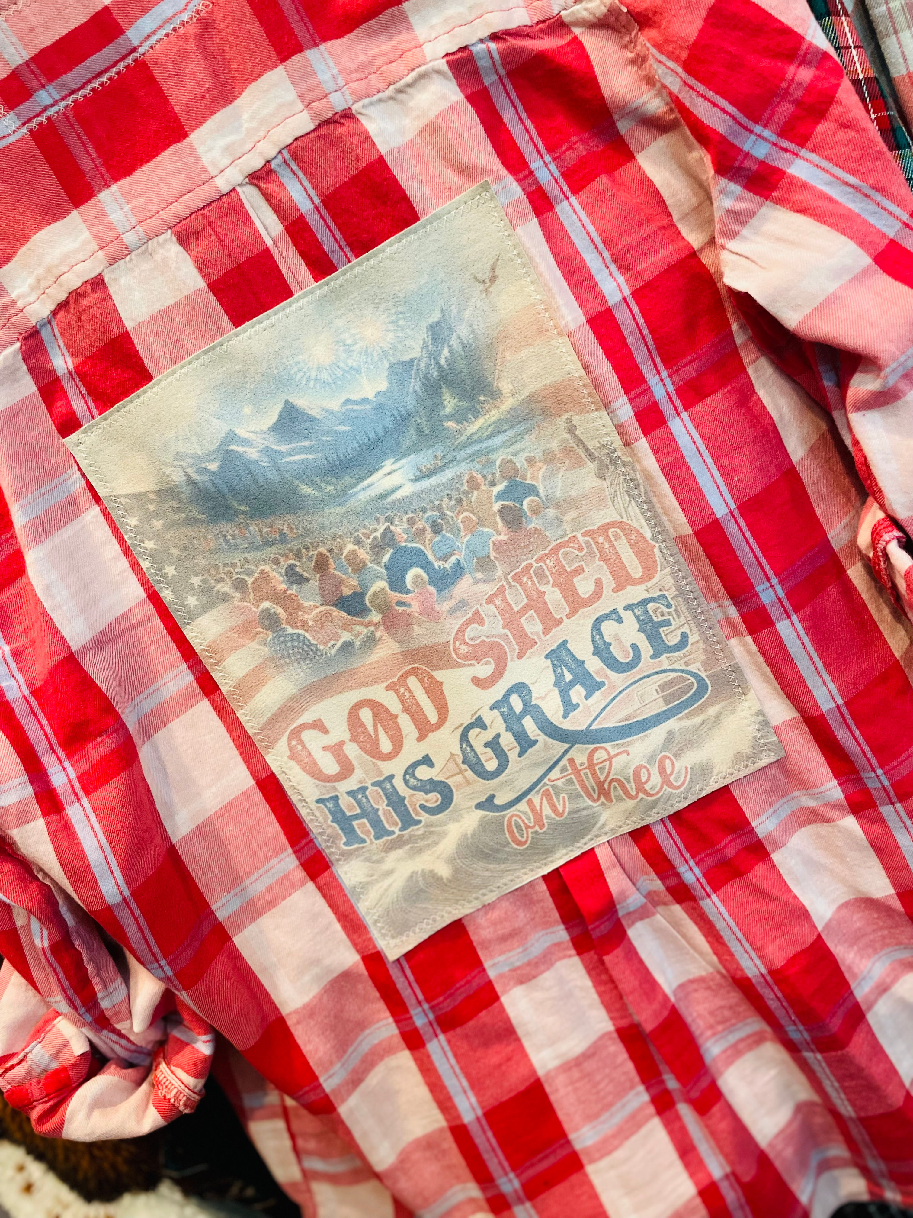 **SOLD** Graphic Button Down, Upcycled - July 4th God Shed His Grace (Women's L)
