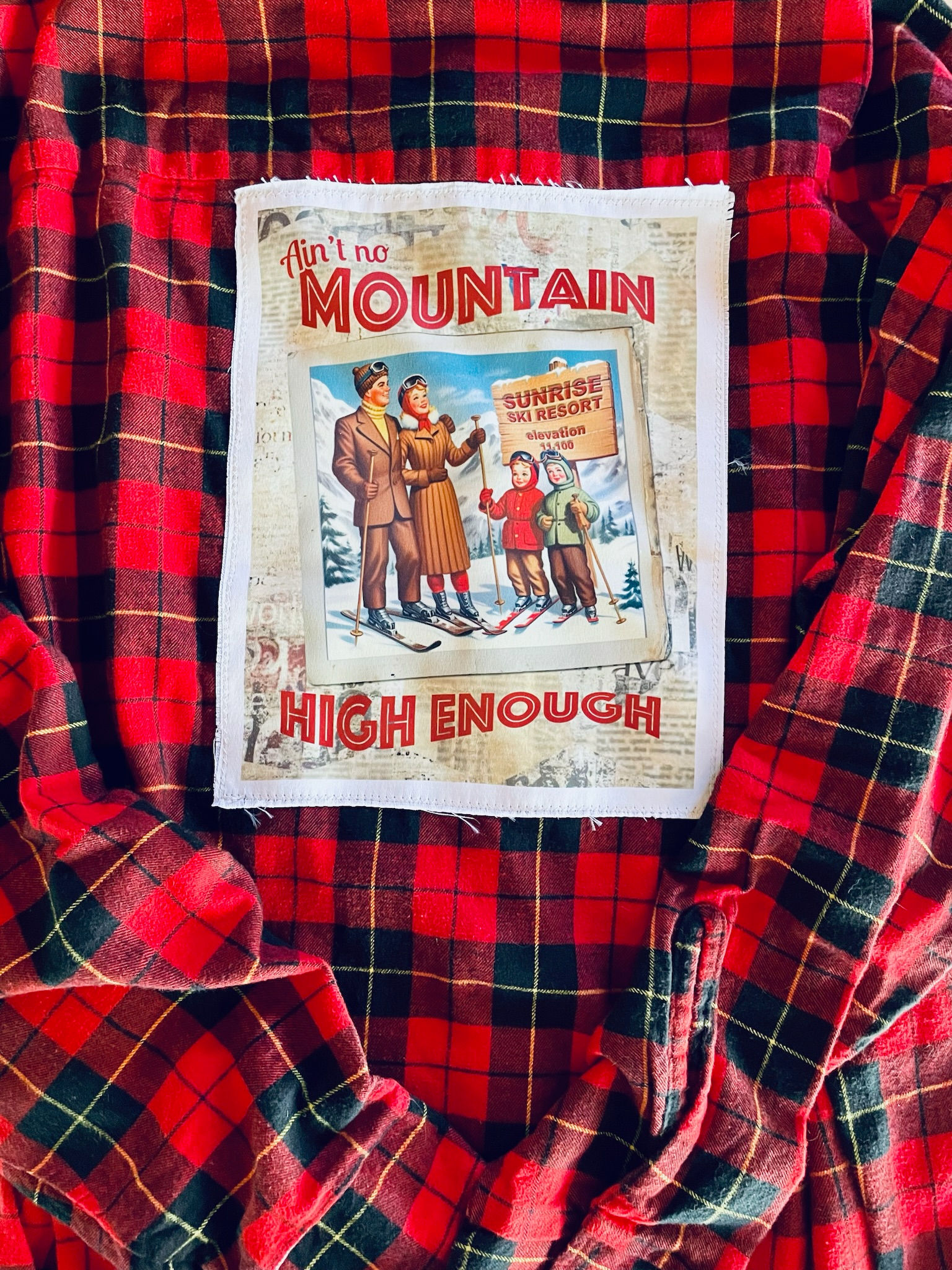 SOLD Graphic Flannel, Upcycled - Aint No Mountain High Enough Sunrise (XL)