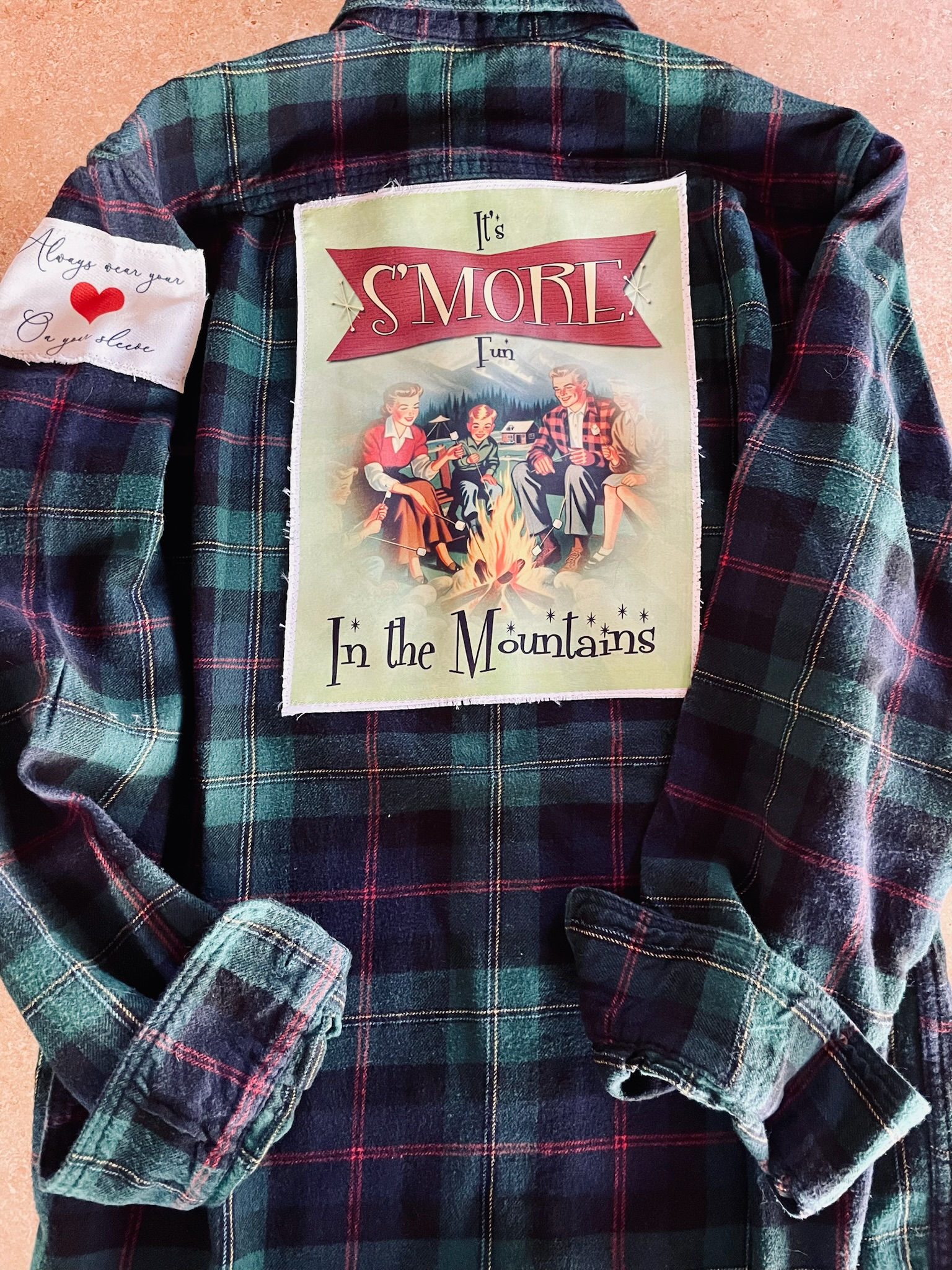 SOLD Graphic Flannel, Upcycled - Smore Fun in Mountains (L)